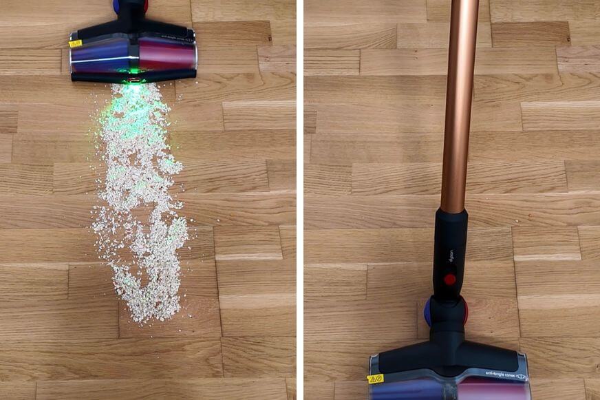 Der Dyson V16 Piston Animal saugt Haferflocken auf Hartboden im Testbereich.